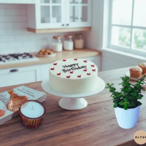 Celebration Trio: Cake, Candle & Green Plant
